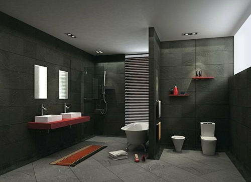 dunkle badezimmer design ideen  wandfliesen rote akzente und 