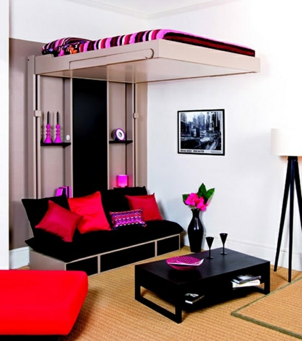 jugendzimmer einrichten bett auf zweiter ebene hoch sofa schwarz rosa