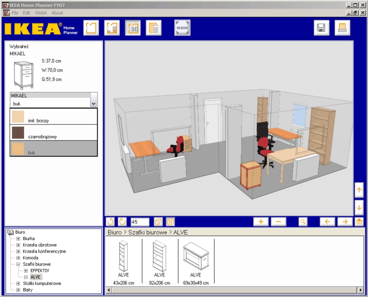 Beim Ikea Büroplaner findet man folgende Auswahlmöglichkeiten ...