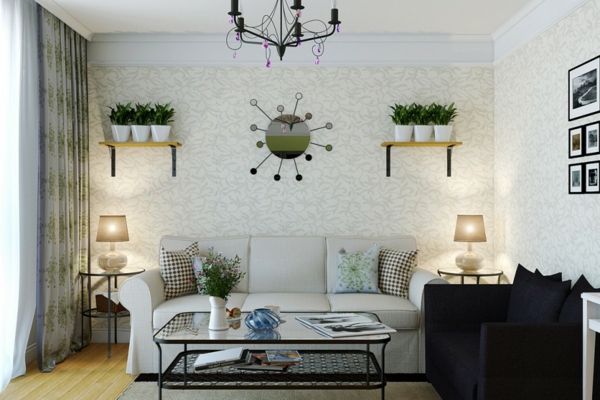wohnzimmer gestalten dekorieren zimmerpflanzen wandtapete tischlampen