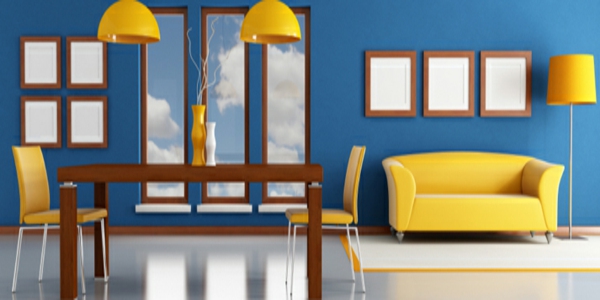 gelbe und blaue interieurs wohnzimmer design