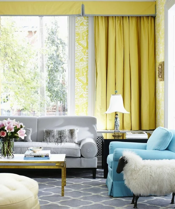  interieur wohnzimmer idee blau gelb farbe