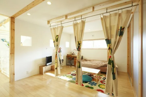 kinderzimmer idee gardinen farben akzent minimalistisch japanisch