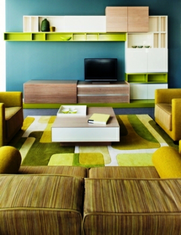 modernes wohnzimmer blau gruen farbschema