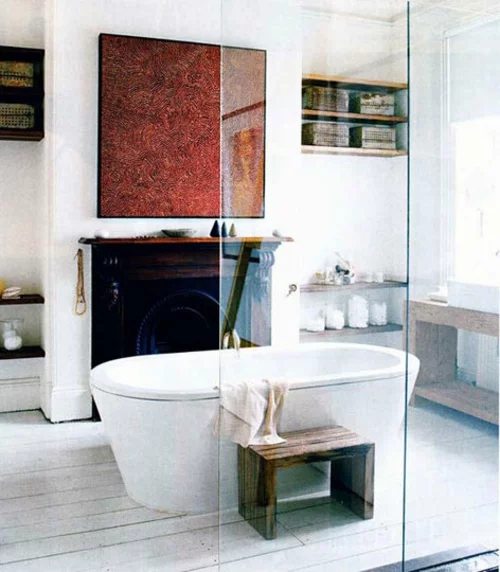 badezimmer designs mit einbaukaminen holz hocker tuch