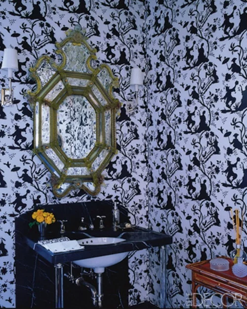 blau schwarz wand tapeten extravagant spiegel waschbecken