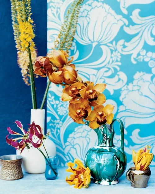 blau tapeten verzierungen floral elemente orchideen dekoration vasen