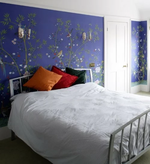 blau wand verzierungen naturmotive englisch schlafzimmer design