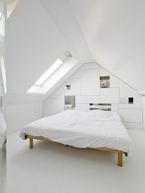 dachgeschoss minimalistisch idee schlafzimmer bett weiß
