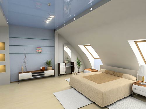 dachgeschoss minimalistisch schlafzimmer bett weiß blau