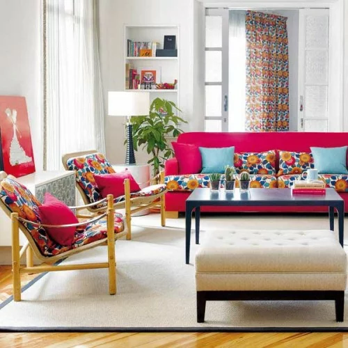 dekorative vorhänge grell farben wohnzimmer holz hell ambiente