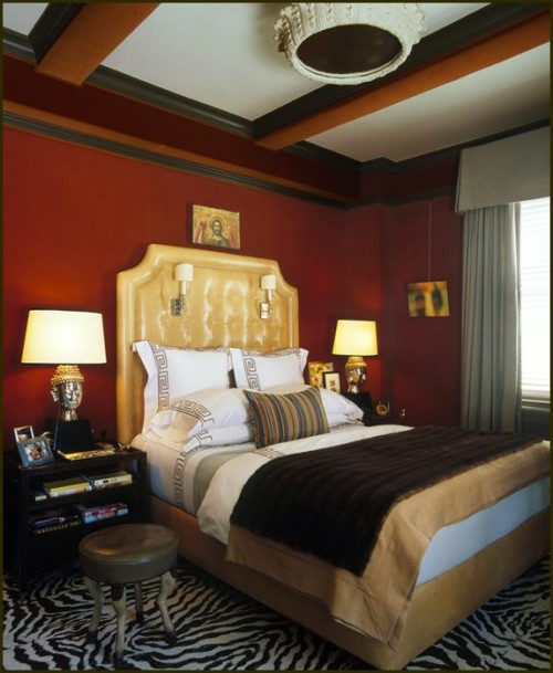 design schlafzimmer bett leder gelb kopfteil orientalisch stil