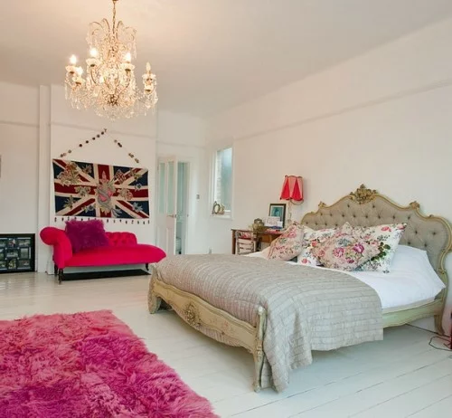englische schlafzimmer interieur ideen rosa weich teppich