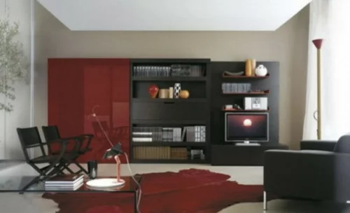 farbkontraste wohnzimmer design idee rot schwarz beige