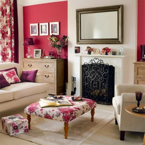 grell wände florale motive passende gardinen wohnzimmer design