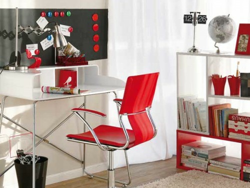 hochmodern glanzvoll möbelstücke rot farben stuhl schreibtisch weiß heimbüro
