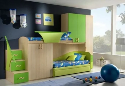 kinderzimmer herrlich grün schwarz wand zwei kinder etagenbett wickelkommode