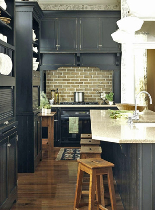 Küchen Grundrisse schwarz möbel ziegelwand küchenrückwand