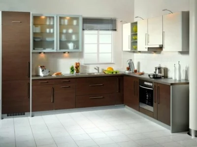 L- förmige Küchen design holz weißeküchenfliesen dunkle küchenmöbel
