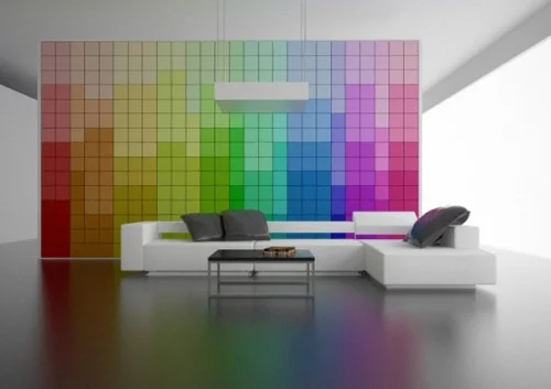minimalistisch interieur ausstattung wohnzimmer trennwand quadraten nuancen farbenfroh