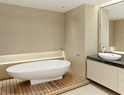 moderne badezimmerboden ideen badewanne holz sockel