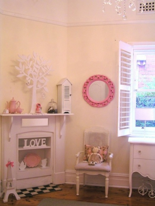 mädchen-schlafzimmer im shabby chic stil rosa rundspiegel