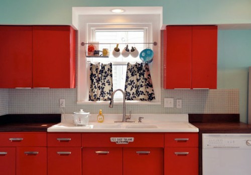 retro küchen designs rot farbe möbel