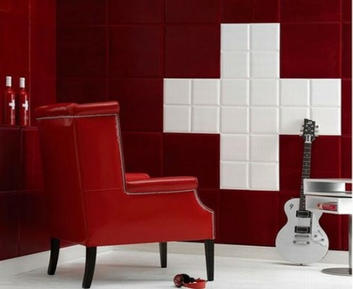 rot weiß deko interieur glanzvoll ledersessel quadraten wandbelag
