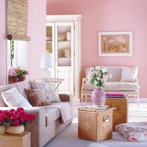 rustikale wohnzimmer design ideen rosa farbe wände