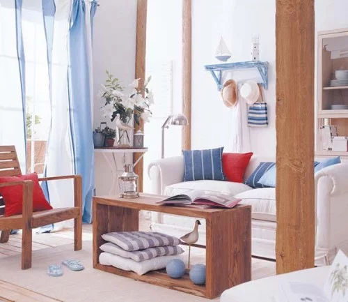 rustikale wohnzimmer design ideen rote kissen blau