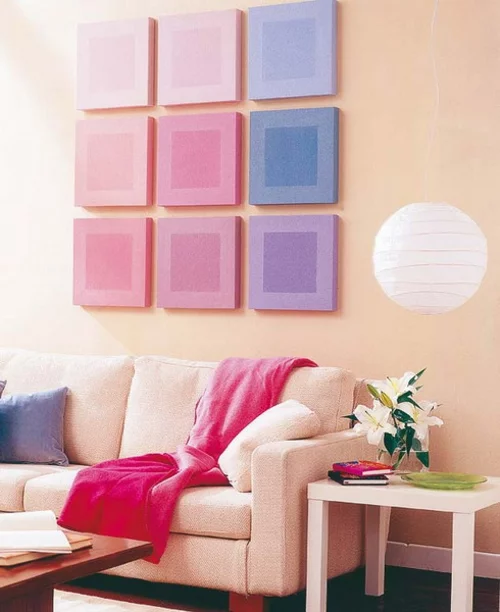 wanddekoration mit quadraten zarte farben wohnzimmer