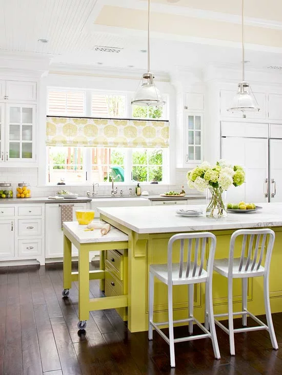 weiß interier küche idee gelb grün kücheninsel hängend beleuchtungskörper