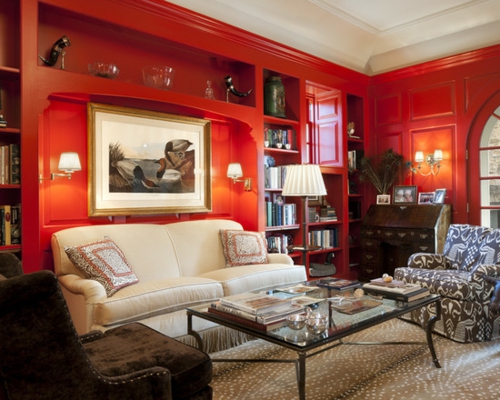wohnzimmer geeignet heimbüro rot wände bequem ledersofa Heimbüro mit roten Akzenten