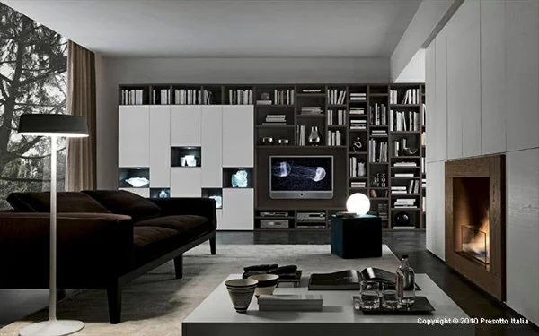 designer regale bücher tv sofa kamin