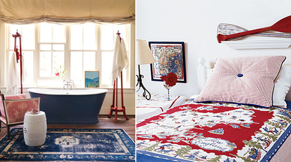 dreifarbige designs rot weiß blau badewanne schlafraum idee