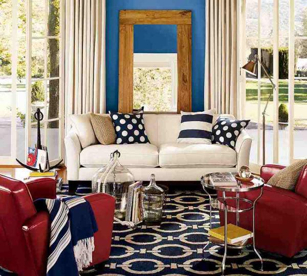 dreifarbige designs rot weiß blau flur wohnecke sofa kissen streifen