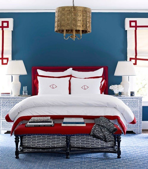 dreifarbige innendesign rot weiß blau schlafzimmer