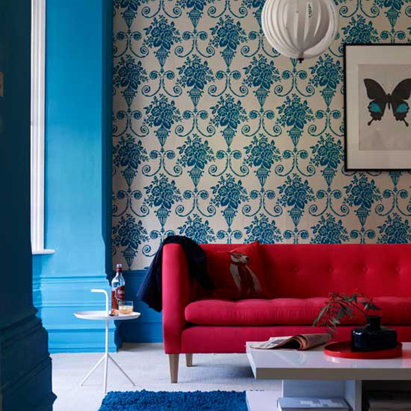dreifarbige designs rot weiß blau wohnzimmer tapeten