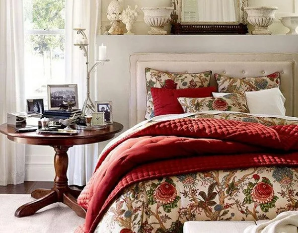 erstaunliche frühlingsdekoration schlafzimmer rot bettdecke elegant seitentisch
