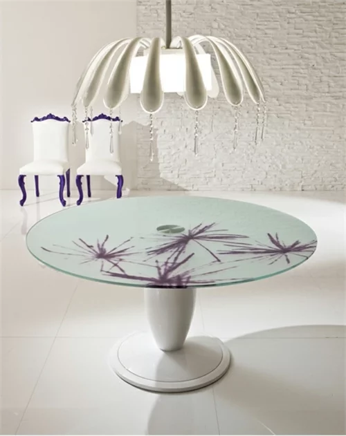 esszimmer einrichtung moda simfonie14 rund tisch lila stuhle glasscheibe