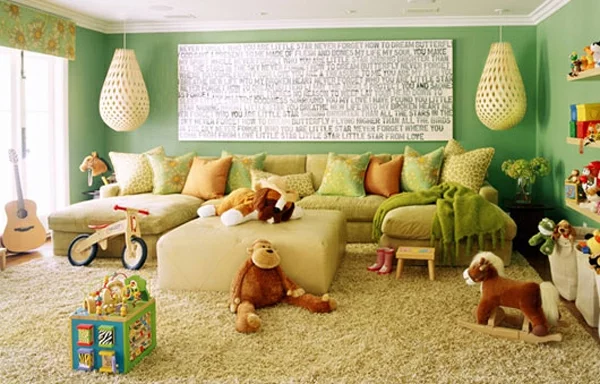 verspielte farbkombination wohnzimmer kinder lebhaft grün