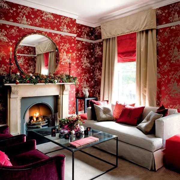 interior design rot modern spiegel muster kissen deko