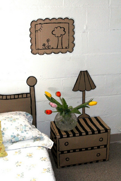 karton deko idee zimmer originell nachttisch vase tulpen