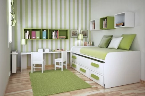 kleines schlafzimmer anordnen regale schubladen grün streifen