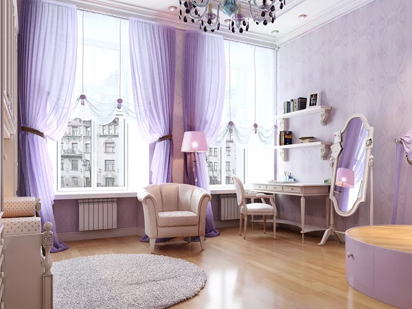 lila farbkombination  wohnbereich klassisch extravagant gardinen sessel