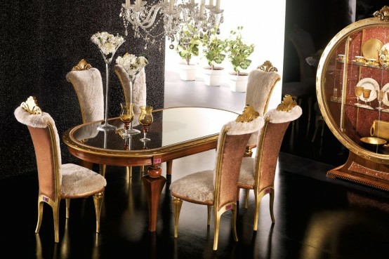 luxus esszimmer möbel beige gold kristallen essbereich deko