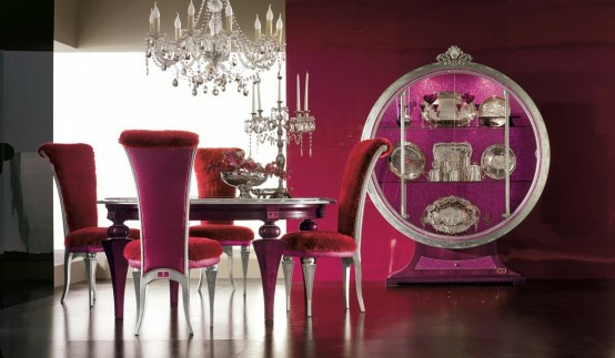 luxus esszimmer möbel pink rot kronleuchter stühle