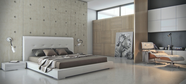 minimalistisch schlafzimmer niedrige möbel kopfteil weiß groß betontapeten