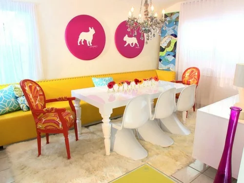 modern extravagant weiß essmöbel weich teppich rosa bilder collage