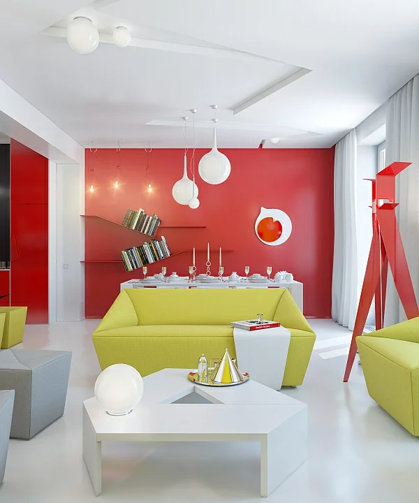 modern wohnzimmer design eckig rot gruen